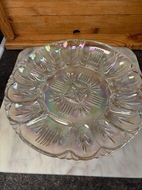 Iridescent Federal Glass Devilled Egg Platter Clear with Rainbow Sheen